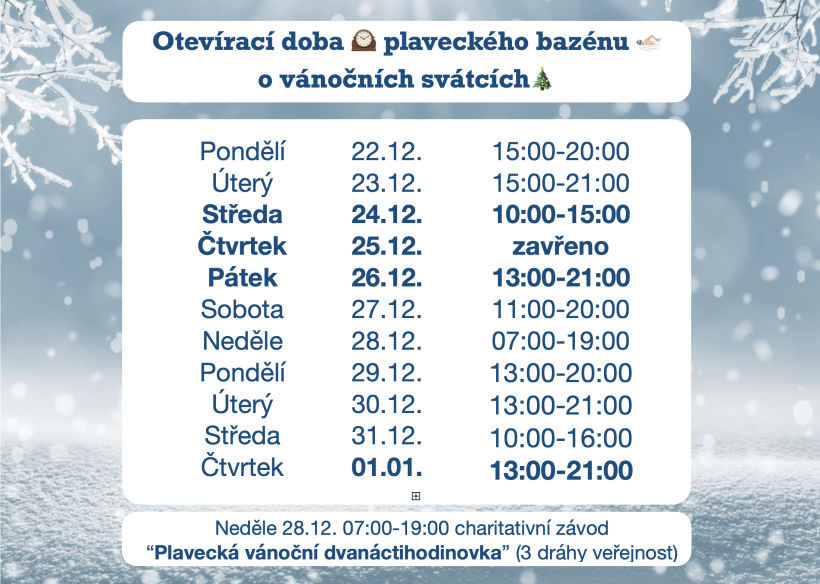 Otevírací doba plaveckého bazénu o vánočních svátcích. Pondělí Úterý Středa Čtvrtek Pátek Sobota Neděle Pondělí Úterý Středa Čtvrtek 22.12. 23.12. 24.12. 25.12. 26.12. 27.12. 28.12. 29.12. 30.12. 31.12. 01.01. 15:00-20:00 15:00-21:00 10:00-15:00 zavřeno 13:00-21:00 11:00-20:00 07:00-19:00 13:00-20:00 13:00-21:00 10:00-16:00 13:00-21:00